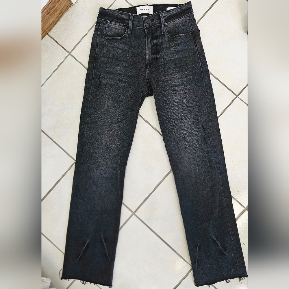 Frame Woman Black Jeans Le High Straight Cropped Raw bottom Size 24